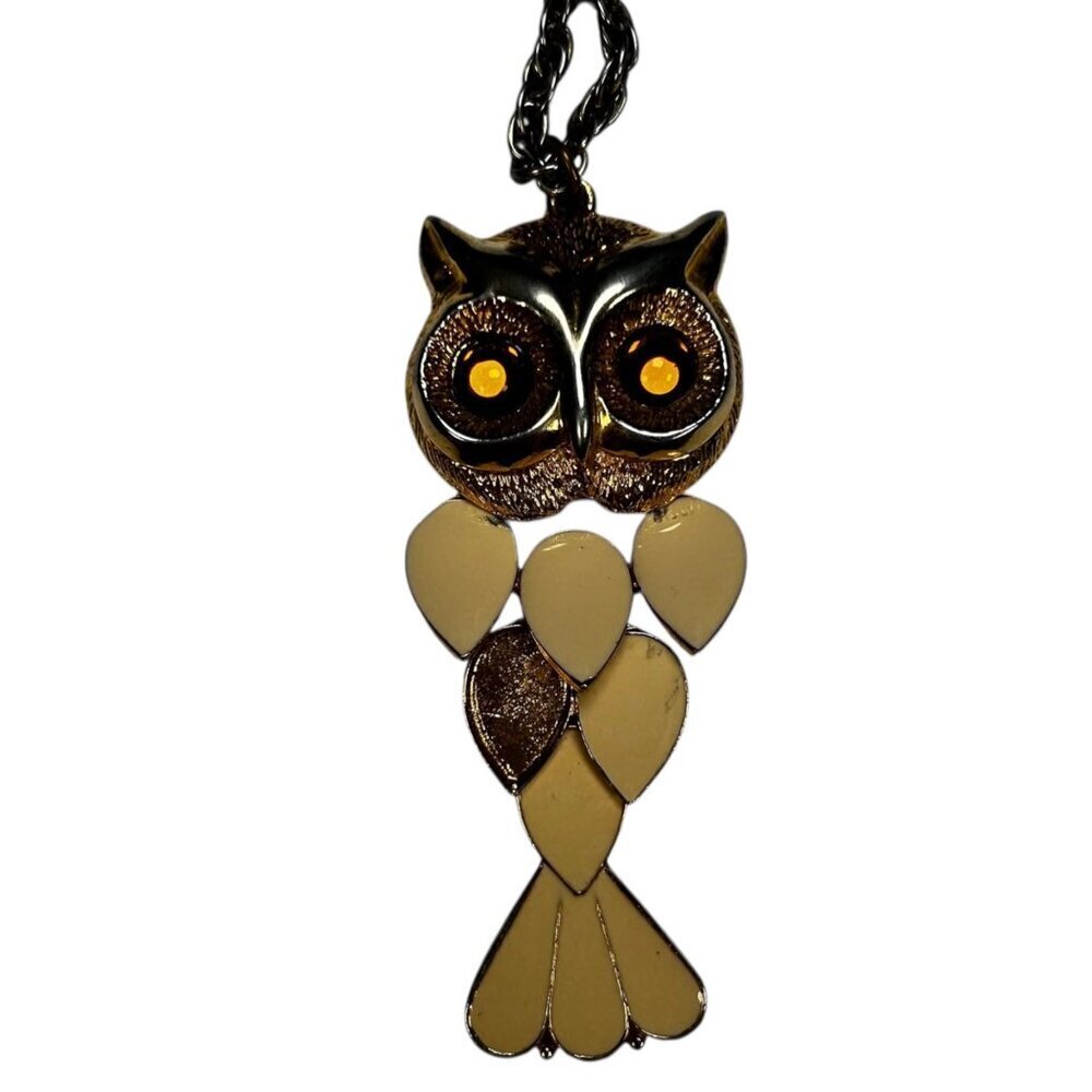 Vintage Enamel Articulated Owl Pendant Necklace Gold Tone 70s